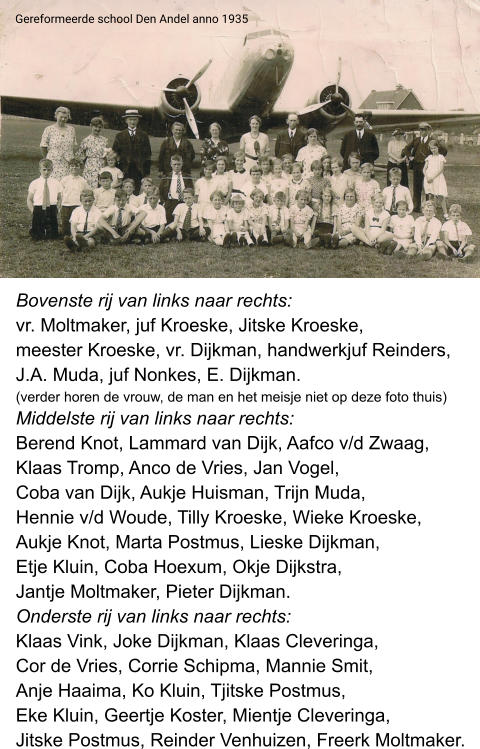 Gereformeerde school Den Andel anno 1935 Bovenste rij van links naar rechts: vr. Moltmaker, juf Kroeske, Jitske Kroeske,  meester Kroeske, vr. Dijkman, handwerkjuf Reinders,  J.A. Muda, juf Nonkes, E. Dijkman. (verder horen de vrouw, de man en het meisje niet op deze foto thuis) Middelste rij van links naar rechts: Berend Knot, Lammard van Dijk, Aafco v/d Zwaag,  Klaas Tromp, Anco de Vries, Jan Vogel,  Coba van Dijk, Aukje Huisman, Trijn Muda,  Hennie v/d Woude, Tilly Kroeske, Wieke Kroeske,  Aukje Knot, Marta Postmus, Lieske Dijkman, Etje Kluin, Coba Hoexum, Okje Dijkstra,  Jantje Moltmaker, Pieter Dijkman. Onderste rij van links naar rechts: Klaas Vink, Joke Dijkman, Klaas Cleveringa,  Cor de Vries, Corrie Schipma, Mannie Smit,  Anje Haaima, Ko Kluin, Tjitske Postmus,  Eke Kluin, Geertje Koster, Mientje Cleveringa,  Jitske Postmus, Reinder Venhuizen, Freerk Moltmaker.