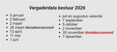 •	juli en augustus vakantie •	7 september •	5 oktober •	2 november •	26 november donateursavond •	7 december  •	5 januari •	2 februari •	2 maart •	26 maart donateursavond •	13 april •	11 mei •	1 juni Vergaderdata bestuur 2026